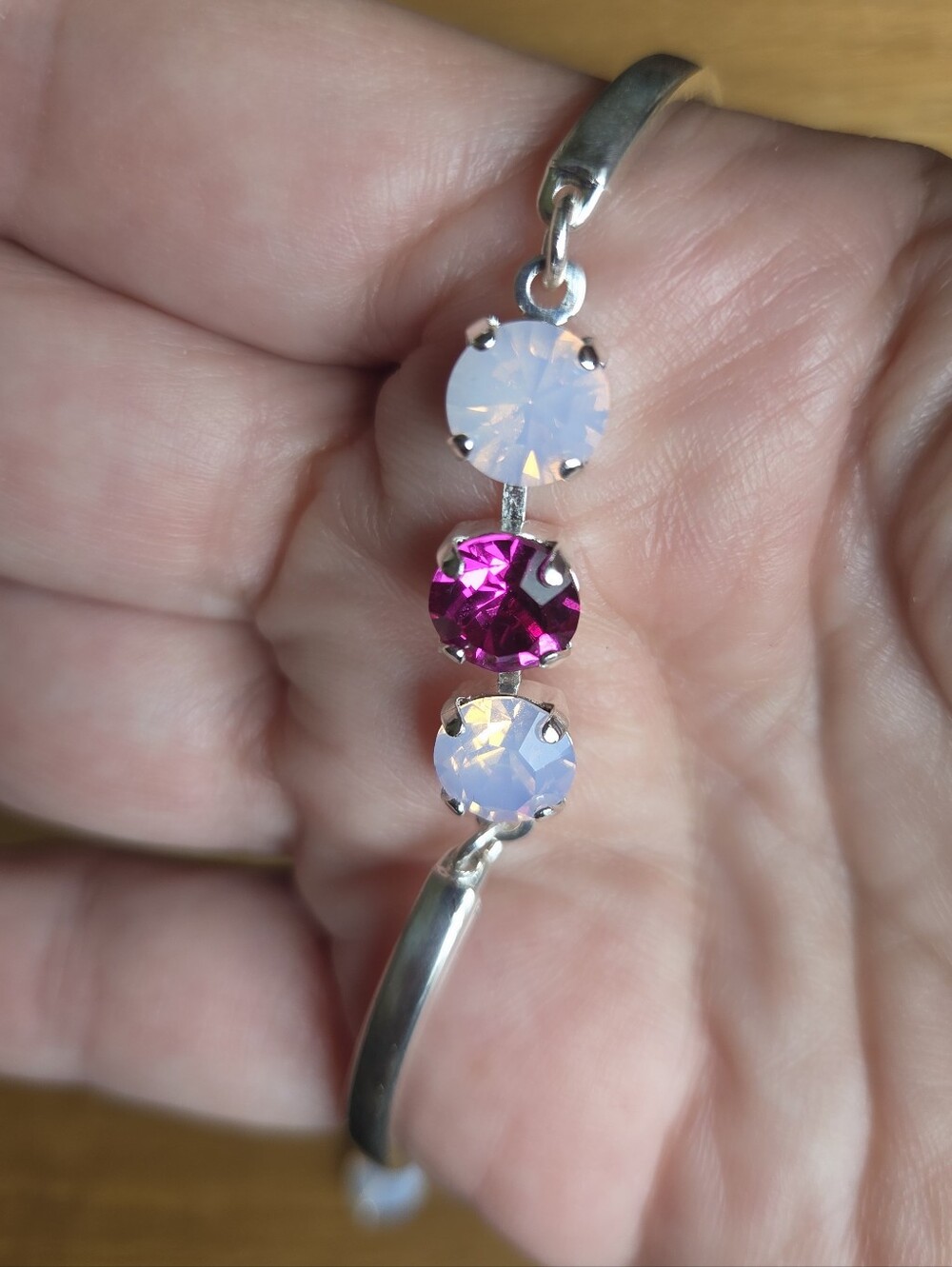 Silver Bar Bracelet with Two Pink Opal & One Fuschia Crystals, Hand Crafted - Picture 8 of 9